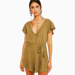 Free People Moss Green Tie Waist Linen Cotton Blend Playsuit Romper Medium